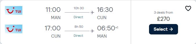 Non-stop flights from Birmingham or Manchester, UK to Cancun, Mexico from only £270 roundtrip. Flight deal ticket image.