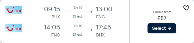 Non-stop flights from Birmingham or Manchester, UK to the Portuguese island of Madeira from only £87 roundtrip. Flight deal ticket image.