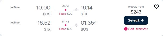 Click here to book this cheap flight deal. Cheap flights from Boston to the US Virgin Islands for only $243 roundtrip with JetBlue. Flight deal ticket image.