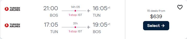Cheap flights from Boston to Tunis, Tunisia for only $639 roundtrip with Turkish Airlines. Flight deal ticket image.