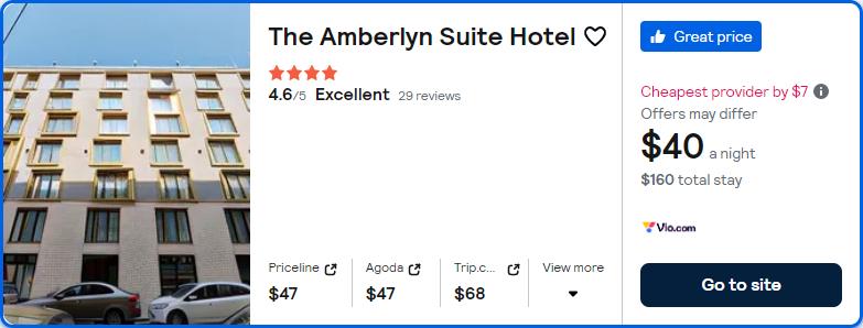 Stay at the 4* The Amberlyn Suite Hotel in Budapest, Hungary for only $40 USD per night. Flight deal ticket image.
