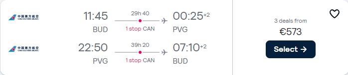 Premium Economy flights from Budapest, Hungary to Shanghai, China for only €573 roundtrip. Flight deal ticket image.