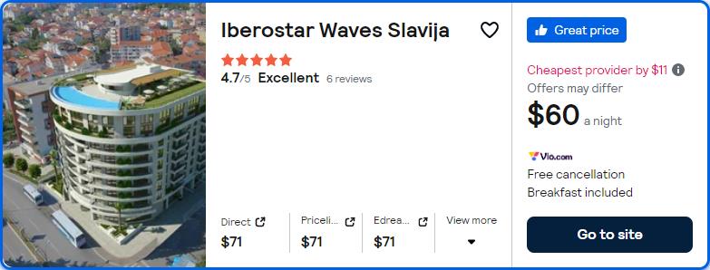 Click here to book this cheap flight deal. Stay at the 5* Iberostar Waves Slavija in Budva, Montenegro for only $60 USD per night. Flight deal ticket image.