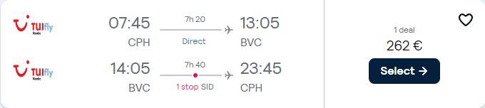 Last minute flights from Copenhagen, Denmark to Boa Vista, Cape Verde for only €262 roundtrip. Flight deal ticket image.