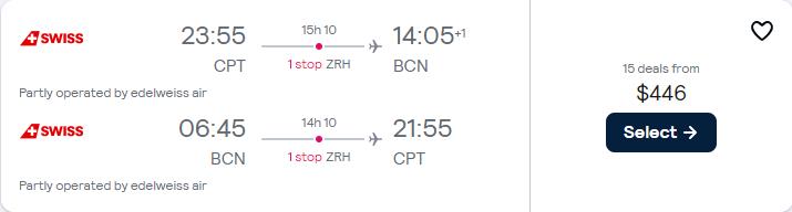 Cheap flights from Cape Town, South Africa to Barcelona, Spain for only $446 USD roundtrip. Flight deal ticket image.