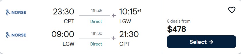 Click here to book this cheap flight deal. Non-stop flights from Cape Town, South Africa to London, UK for only $478 USD roundtrip. Flight deal ticket image.
