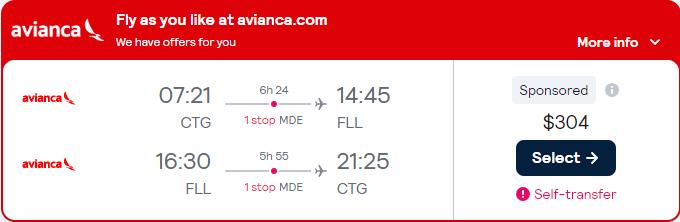 Click here to book this cheap flight deal. Cheap flights from Cartagena, Colombia to Fort Lauderdale, USA for only $304 USD roundtrip with Avianca. Flight deal ticket image.