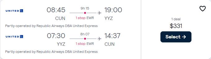 Cheap flights from Cancun, Mexico to Toronto, Canada for only $331 USD roundtrip with United Airlines. Flight deal ticket image.