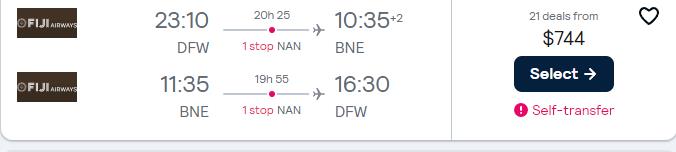 Click here to book this cheap flight deal. Summer flights from Dallas, Texas to Brisbane, Australia for only $744 roundtrip with Fiji Airways. Flight deal ticket image.