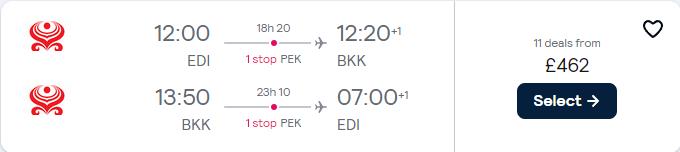 Cheap flights from Edinburgh, Scotland to Bangkok, Thailand for only £462 roundtrip with Hainan Airlines. Flight deal ticket image.