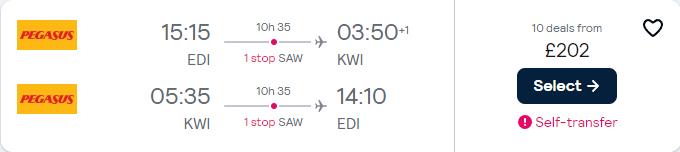 Cheap flights from Edinburgh, Scotland to Kuwait City, Kuwait for only £202 roundtrip. Flight deal ticket image.