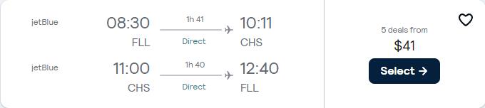 Non-stop flights from Fort Lauderdale to Charleston, South Carolina for only $41 roundtrip with JetBlue. Also works in reverse. Flight deal ticket image.