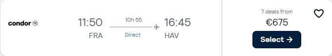 Business Class flights from Frankfurt, Germany to Havana, Cuba for only €675 one-way. Flight deal ticket image.