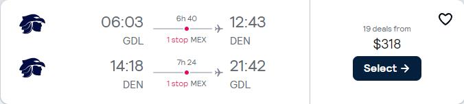 Cheap flights from Guadalajara, Mexico to Denver, Colorado for only $318 USD roundtrip with Aeromexico and Delta Air Lines. Flight deal ticket image.