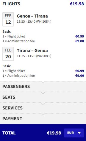 Non-stop flights from Genoa, Italy to Tirana, Albania for only €19 roundtrip. Flight deal ticket image.