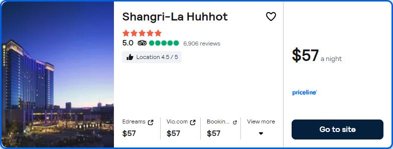 Click here to book this cheap flight deal. Stay at the 5* Shangri-La Huhhot in Hohhot, China for only $57 USD per night. Flight deal ticket image.