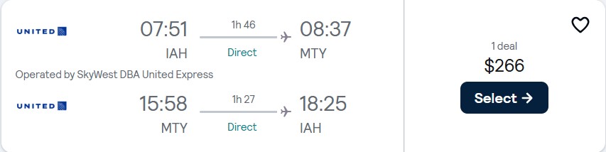 Non-stop, summer flights from Houston, Texas to Monterrey, Mexico for only $266 roundtrip with United Airlines. Flight deal ticket image.