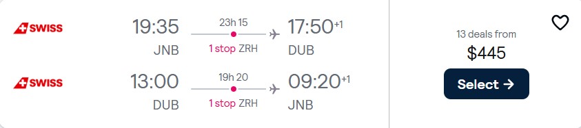 Cheap flights from Johannesburg, South Africa to Dublin, Ireland for only $445 USD roundtrip with Swiss International Air Lines. Flight deal ticket image.