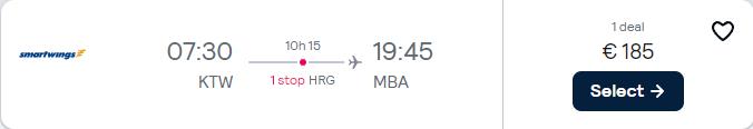 Cheap flights from Katowice, Poland to Mombasa, Kenya for only €185 one-way. Flight deal ticket image.