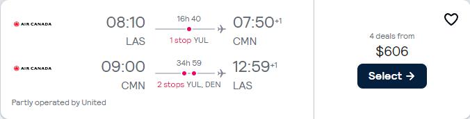 Cheap flights from Las Vegas to Casablanca, Morocco for only $606 roundtrip with Air Canada and United Airlines. Flight deal ticket image.