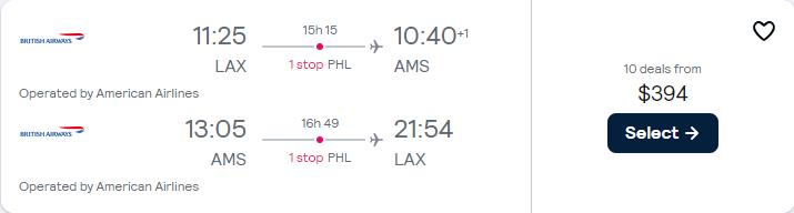 Click here to book this cheap flight deal. Cheap flights from Los Angeles to Amsterdam, Netherlands for only $394 roundtrip with American Airlines. Flight deal ticket image.