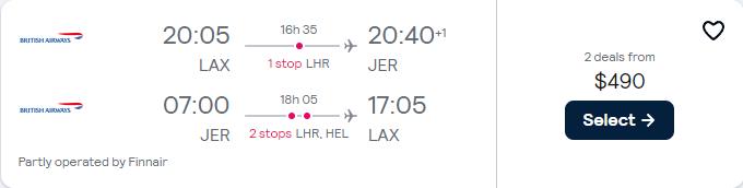 Cheap flights from Los Angeles to Jersey, UK for only $490 roundtrip with British Airways and Finnair. Flight deal ticket image.