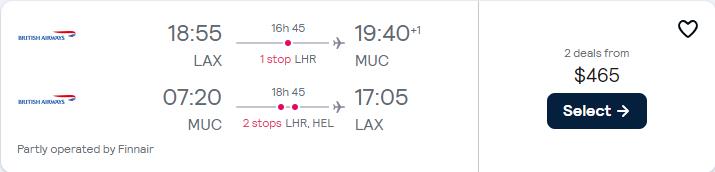 Cheap flights from Los Angeles to Munich, Germany for only $465 roundtrip with British Airways and Finnair. Flight deal ticket image.