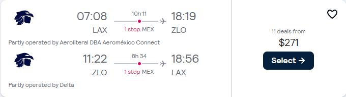 Cheap flights from Los Angeles to Manzanillo, Mexico for only $271 roundtrip with Aeromexico and Delta Air Lines. Flight deal ticket image.
