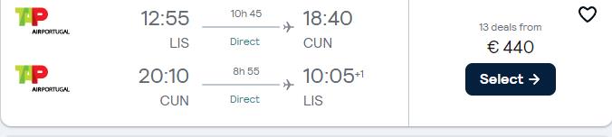 Non-stop flights from Lisbon, Portugal to Cancun, Mexico for only €440 roundtrip with TAP Air Portugal. Flight deal ticket image.