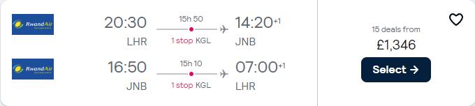 Business Class flights from London, UK to Johannesburg, South Africa for only £1346 roundtrip. Flight deal ticket image.
