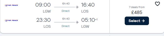 Non-stop flights from London, UK to Lagos, Nigeria for only £485 roundtrip. Flight deal ticket image.