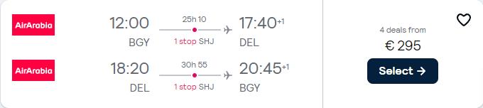 Click here to book this cheap flight deal. Cheap flights from European cities to Delhi, India from only €295 roundtrip. Flight deal ticket image.