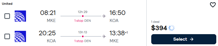 Click here to book this cheap flight deal. Cheap flights from Milwaukee to Kona, Hawaii for only $394 roundtrip with United Airlines. Also works in reverse. Flight deal ticket image.