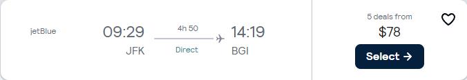 Non-stop flights from New York to Barbados for only $75 one-way with JetBlue. Flight deal ticket image.