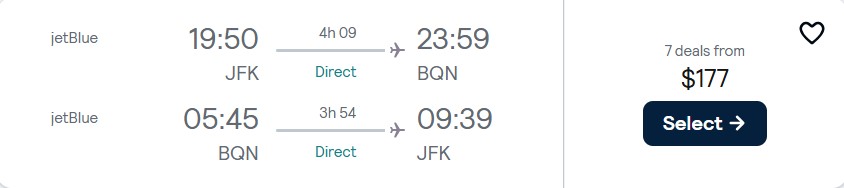 Non-stop flights from New York to Aguadilla, Puerto Rico for only $177 roundtrip with JetBlue. Flight deal ticket image.