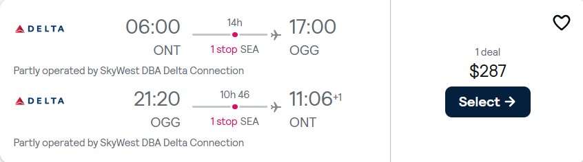Click here to book this cheap flight deal. Cheap flights from Ontario, California to Kahului, Hawaii for only $287 roundtrip with Delta Air Lines. Also works in reverse. Flight deal ticket image.
