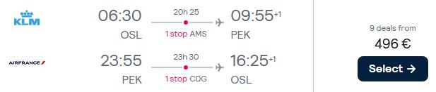 Cheap flights from Oslo, Norway to Beijing, China for only €496 roundtrip with KLM. Flight deal ticket image.