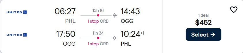 Cheap flights from Philadelphia to Kahului, Hawaii for only $452 roundtrip with United Airlines. Also works in reverse. Flight deal ticket image.