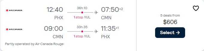 Cheap flights from Phoenix, Arizona to Casablanca, Morocco for only $606 roundtrip with Air Canada. Flight deal ticket image.