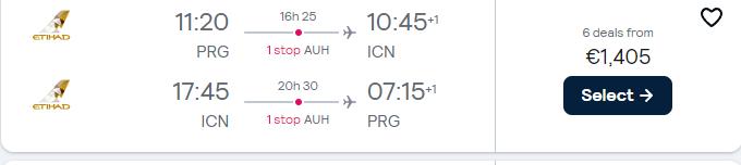 Business Class, summer flights from Prague, Czech Republic to Seoul, South Korea for only €1400 roundtrip with Etihad Airways. Flight deal ticket image.