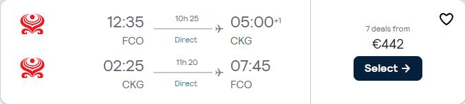 Non-stop flights from Rome, Italy to Chongqing, China for only €442 roundtrip with Hainan Airlines. Flight deal ticket image.