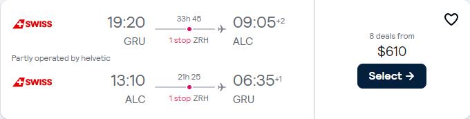 Cheap flights from Sao Paulo, Brazil to Alicante, Spain for only $610 USD roundtrip with Swiss International Air Lines. Flight deal ticket image.