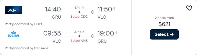 Cheap flights from Sao Paulo, Brazil to Valencia, Spain for only $621 USD roundtrip with Air France and KLM. Flight deal ticket image.