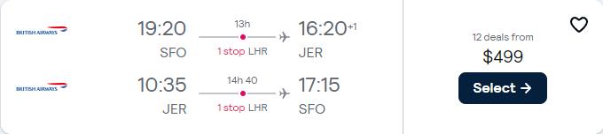 Cheap flights from San Francisco to Jersey, UK for only $499 roundtrip with British Airways. Flight deal ticket image.