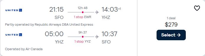 Click here to book this cheap flight deal. Cheap flights from San Francisco to Halifax, Canada for only $279 roundtrip with United Airlines and Air Canada. Flight deal ticket image.
