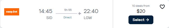 Click here to book this cheap flight deal. Non-stop flights from Sal, Cape Verde to London, UK for only $20 USD one-way. Flight deal ticket image.
