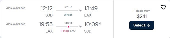 Cheap flights from San Jose del Cabo, Mexico to Los Angeles, USA for only $241 USD roundtrip with Alaska Airlines. Flight deal ticket image.