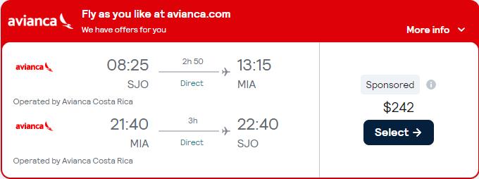 Non-stop flights from San Jose, Costa Rica to Miami, USA for only $242 USD roundtrip with Avianca. Flight deal ticket image.