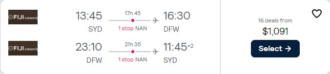 Cheap flights from Sydney, Australia to Dallas, Texas for only $1091 AUD roundtrip with Fiji Airways. Flight deal ticket image.