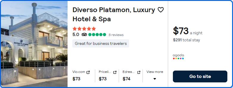 Click here to book this cheap flight deal. Stay at the 5* Diverso Platamon, Luxury Hotel & Spa in Synoikismos Panteleimonos, Greece for only $73 USD per night. Flight deal ticket image.